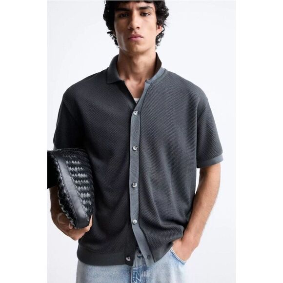 New Zara Structured Shirt S 4087/330 Grey casual knit polo sweater short sleeve - Picture 2 of 13